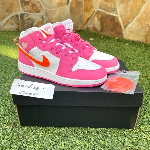 Nike Air Jordan 1 mid GS pink orange shoes - Picture 3 of 4